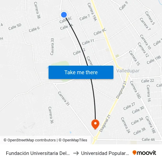 Fundación Universitaria Del Área Andina to Universidad Popular Del Cesar map