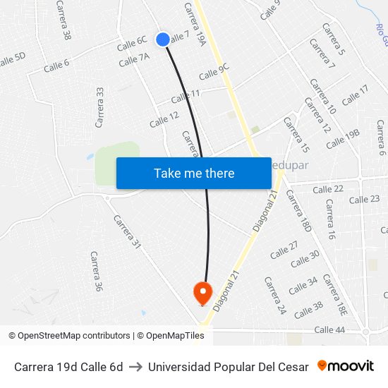 Carrera 19d Calle 6d to Universidad Popular Del Cesar map