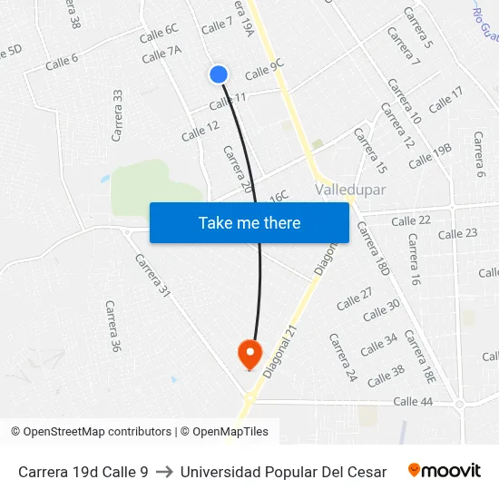 Carrera 19d Calle 9 to Universidad Popular Del Cesar map