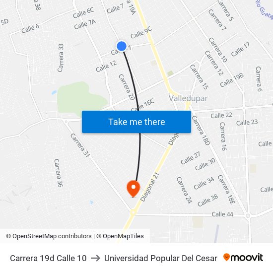 Carrera 19d Calle 10 to Universidad Popular Del Cesar map