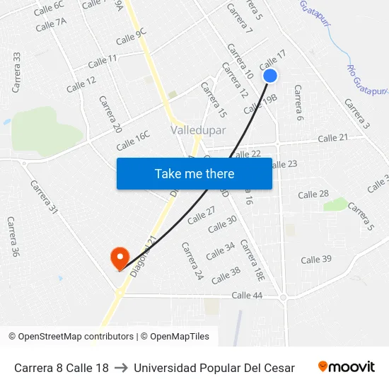 Carrera 8 Calle 18 to Universidad Popular Del Cesar map
