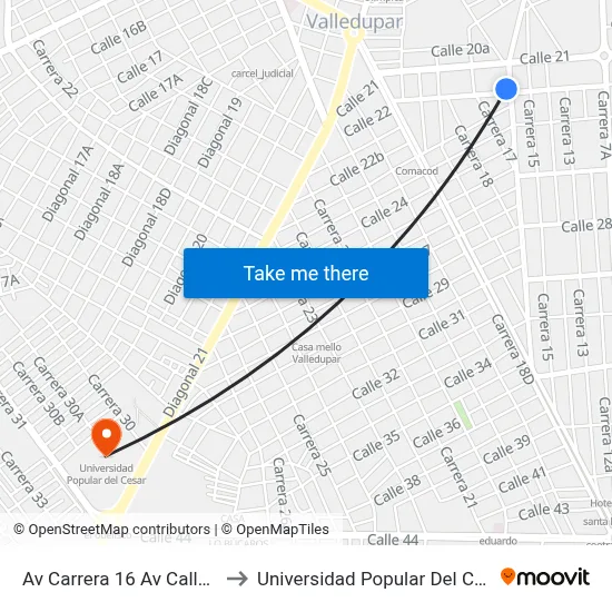Av Carrera 16 Av Calle 21 to Universidad Popular Del Cesar map