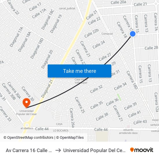 Av Carrera 16 Calle 25 to Universidad Popular Del Cesar map