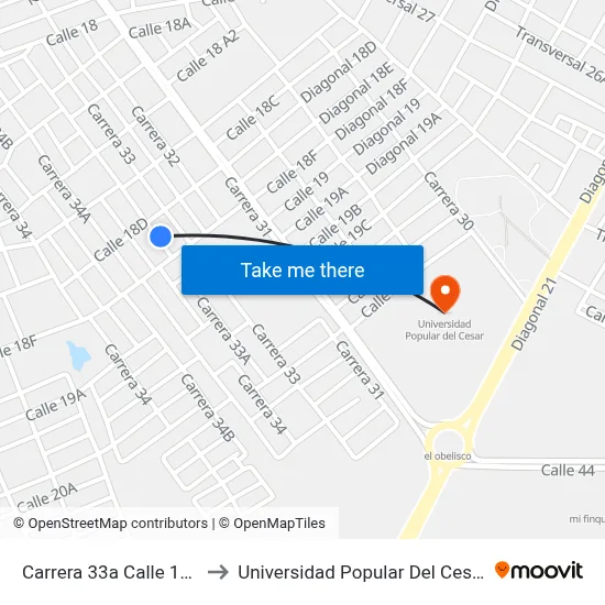 Carrera 33a Calle 18d to Universidad Popular Del Cesar map