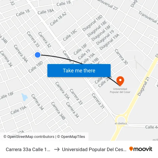 Carrera 33a Calle 18b to Universidad Popular Del Cesar map
