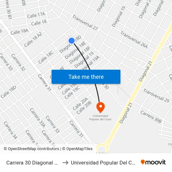 Carrera 30 Diagonal 18c to Universidad Popular Del Cesar map