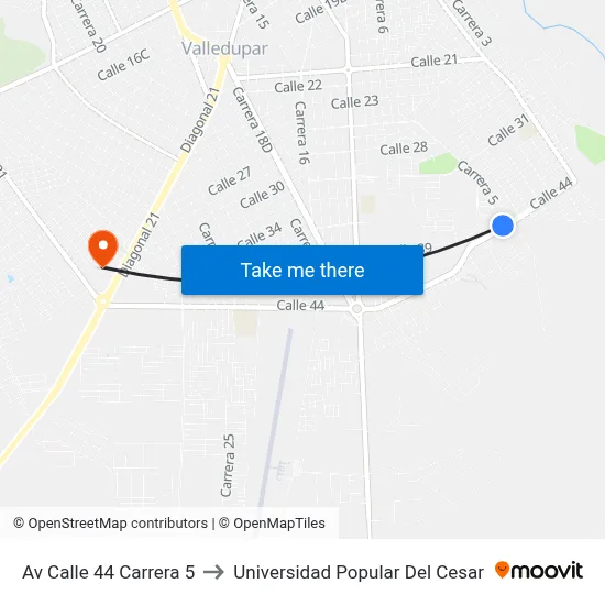 Av Calle 44 Carrera 5 to Universidad Popular Del Cesar map
