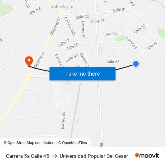 Carrera 5a Calle 45 to Universidad Popular Del Cesar map