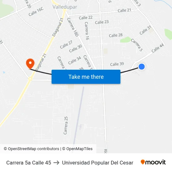 Carrera 5a Calle 45 to Universidad Popular Del Cesar map