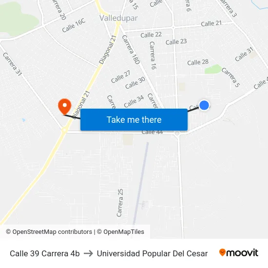 Calle 39 Carrera 4b to Universidad Popular Del Cesar map