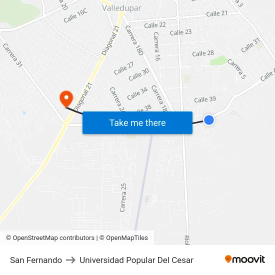 San Fernando to Universidad Popular Del Cesar map