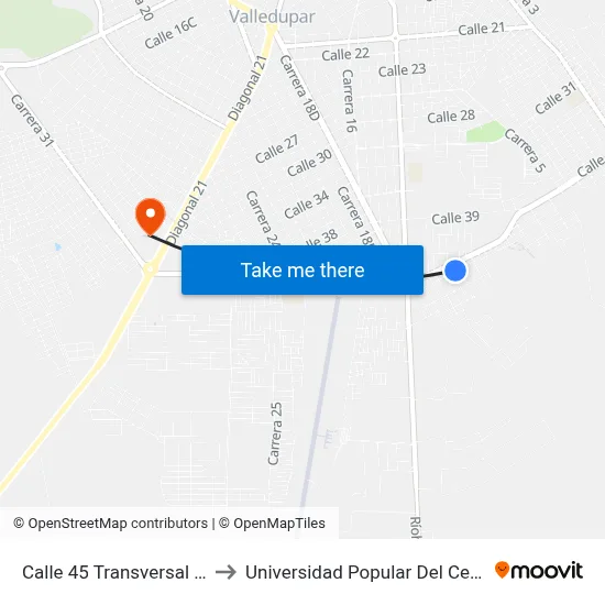 Calle 45 Transversal 5c to Universidad Popular Del Cesar map