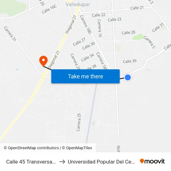 Calle 45 Transversal 6 to Universidad Popular Del Cesar map