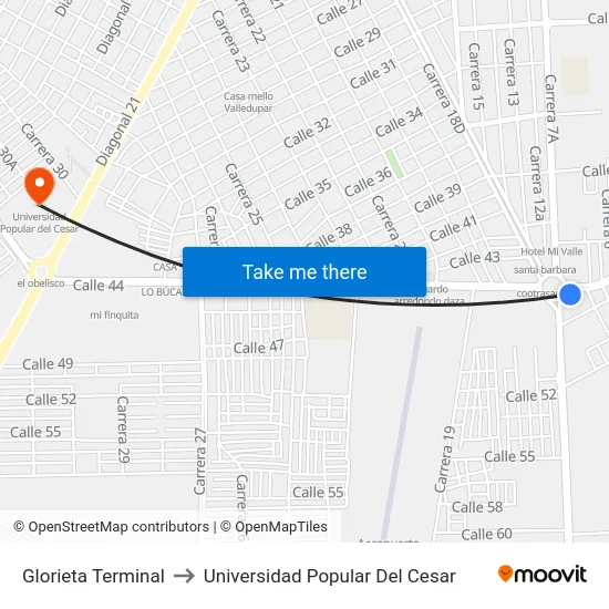 Glorieta Terminal to Universidad Popular Del Cesar map