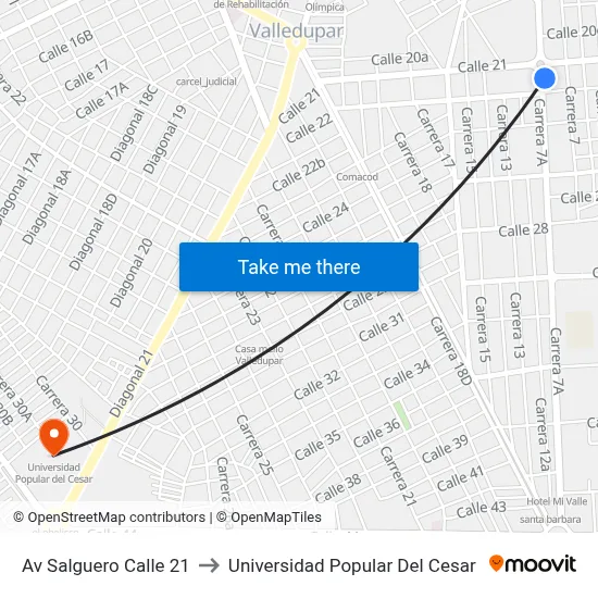 Av Salguero Calle 21 to Universidad Popular Del Cesar map