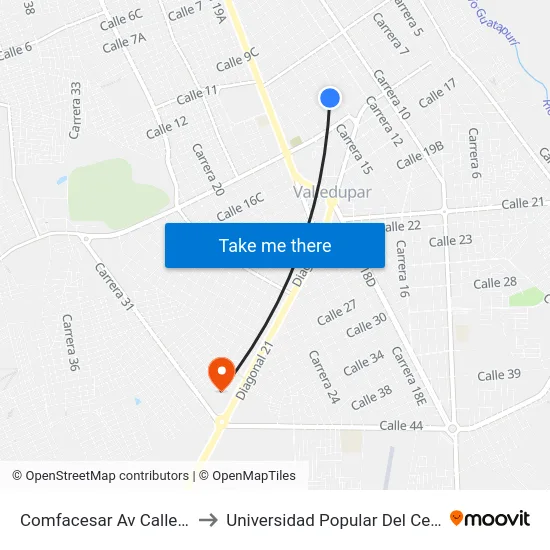 Comfacesar Av Calle 14 to Universidad Popular Del Cesar map