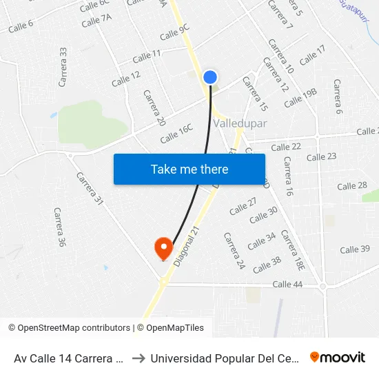 Av Calle 14 Carrera 18 to Universidad Popular Del Cesar map