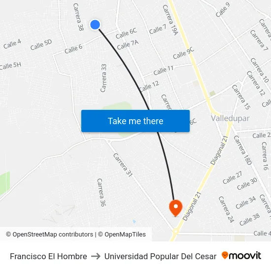 Francisco El Hombre to Universidad Popular Del Cesar map