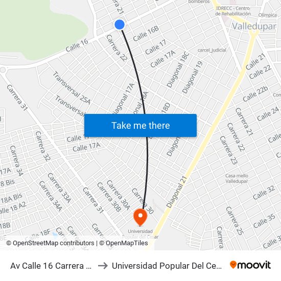 Av Calle 16 Carrera 21 to Universidad Popular Del Cesar map
