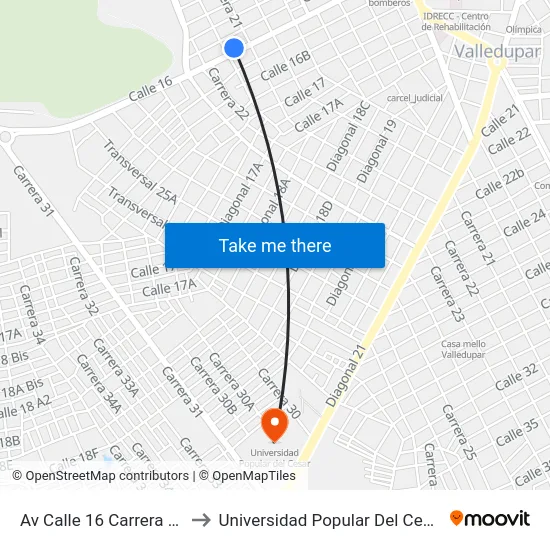 Av Calle 16 Carrera 21 to Universidad Popular Del Cesar map