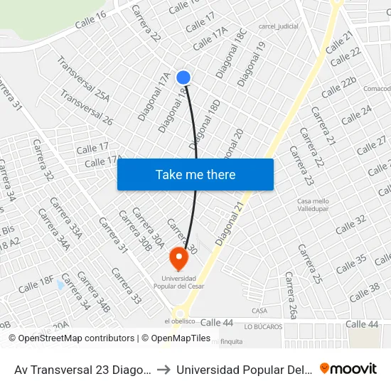 Av Transversal 23 Diagonal 18 to Universidad Popular Del Cesar map