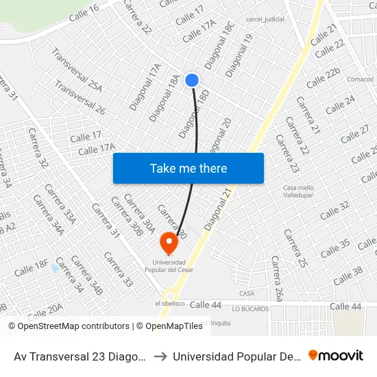 Av Transversal 23 Diagonal 18b to Universidad Popular Del Cesar map