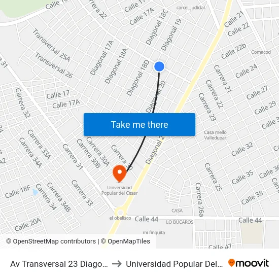 Av Transversal 23 Diagonal 19 to Universidad Popular Del Cesar map