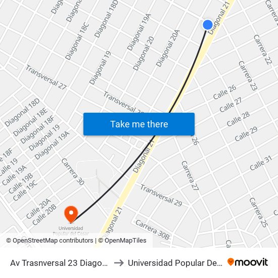 Av Trasnversal 23 Diagonal 20b to Universidad Popular Del Cesar map