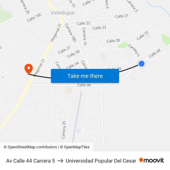Av Calle 44 Carrera 5 to Universidad Popular Del Cesar map