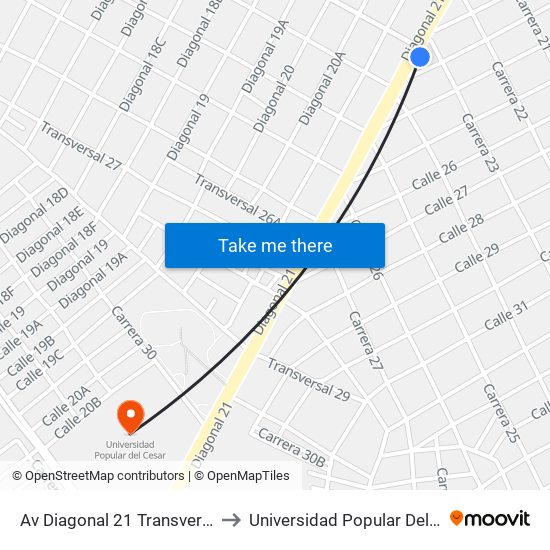 Av Diagonal 21 Transversal 23 to Universidad Popular Del Cesar map