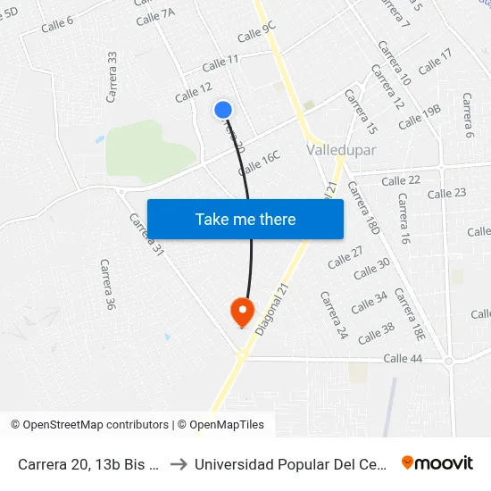 Carrera 20, 13b Bis 27 to Universidad Popular Del Cesar map