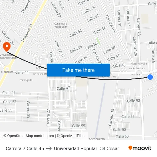 Carrera 7 Calle 45 to Universidad Popular Del Cesar map