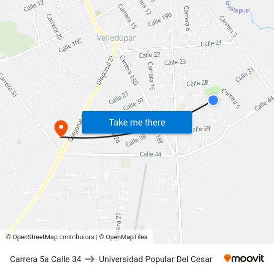 Carrera 5a Calle 34 to Universidad Popular Del Cesar map