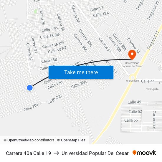 Carrera 40a Calle 19 to Universidad Popular Del Cesar map