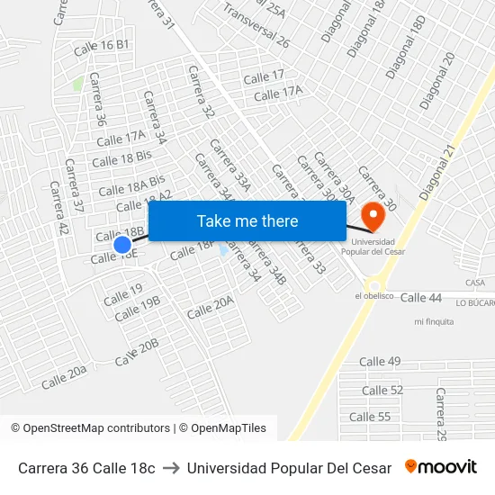 Carrera 36 Calle 18c to Universidad Popular Del Cesar map