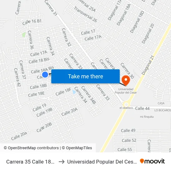 Carrera 35 Calle 18a1 to Universidad Popular Del Cesar map