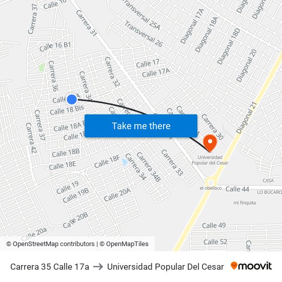 Carrera 35 Calle 17a to Universidad Popular Del Cesar map