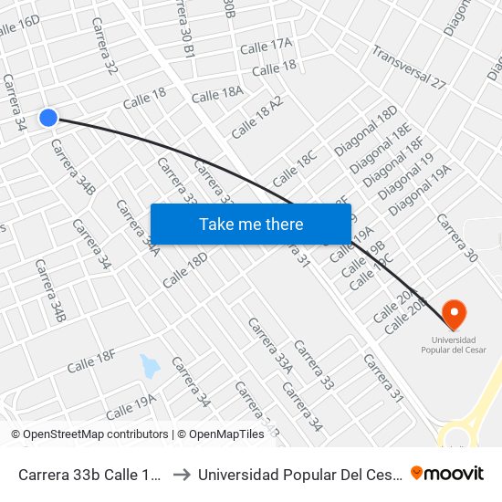 Carrera 33b Calle 17a to Universidad Popular Del Cesar map