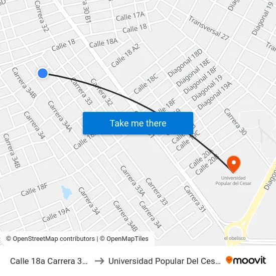 Calle 18a Carrera 33a to Universidad Popular Del Cesar map