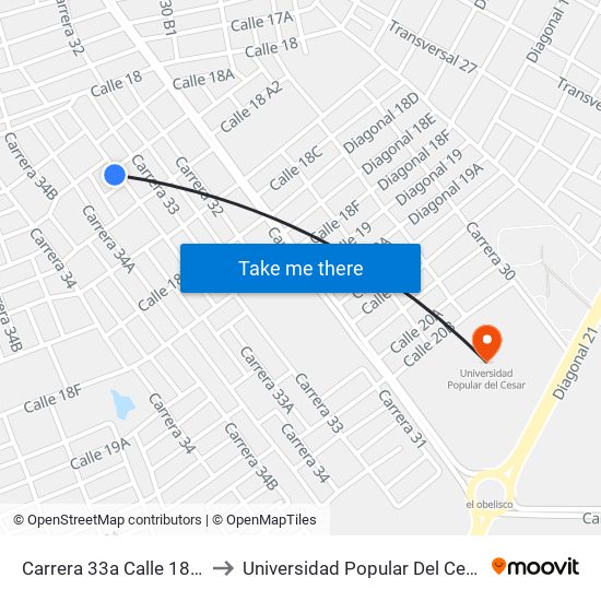 Carrera 33a Calle 18a1 to Universidad Popular Del Cesar map