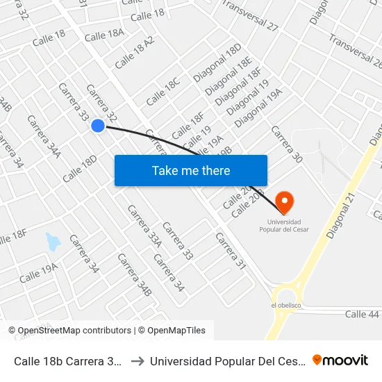 Calle 18b Carrera 32a to Universidad Popular Del Cesar map