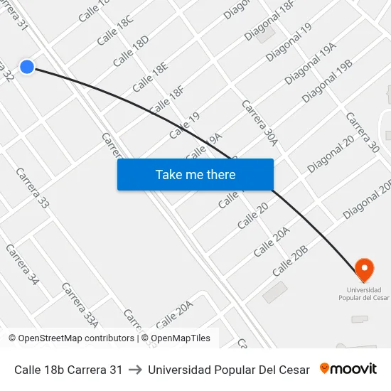 Calle 18b Carrera 31 to Universidad Popular Del Cesar map