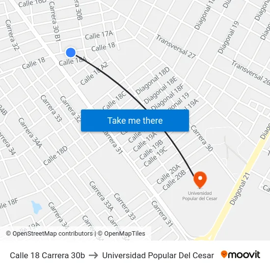 Calle 18 Carrera 30b to Universidad Popular Del Cesar map