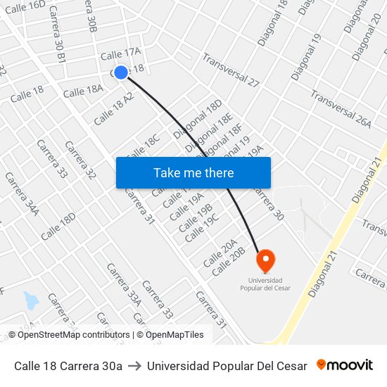 Calle 18 Carrera 30a to Universidad Popular Del Cesar map