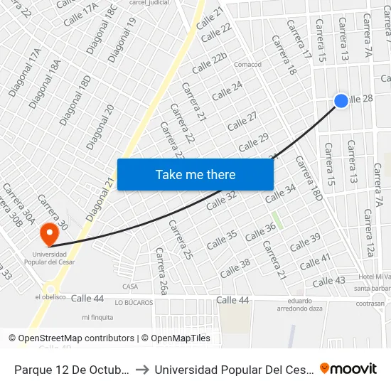 Parque 12 De Octubre to Universidad Popular Del Cesar map