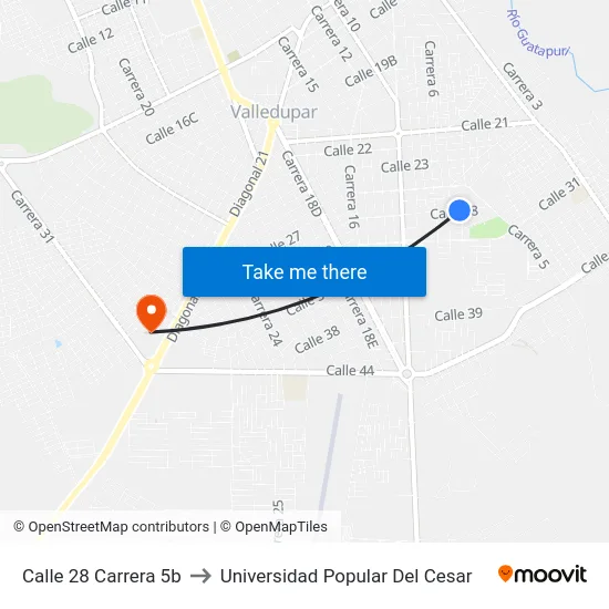 Calle 28 Carrera 5b to Universidad Popular Del Cesar map