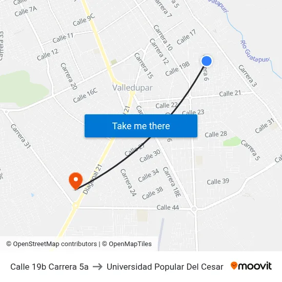 Calle 19b Carrera 5a to Universidad Popular Del Cesar map