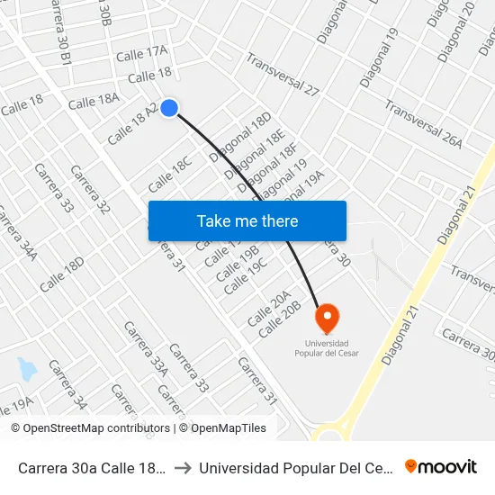 Carrera 30a Calle 18a2 to Universidad Popular Del Cesar map