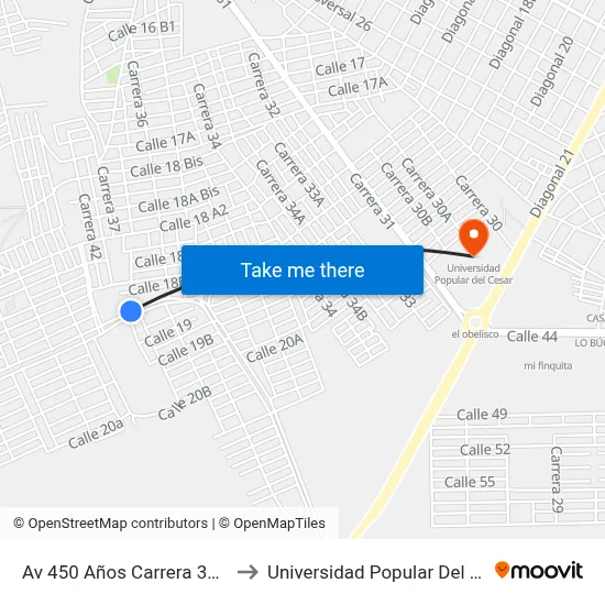 Av 450 Años Carrera 36b Bis to Universidad Popular Del Cesar map