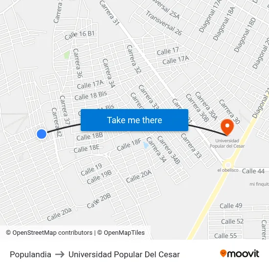 Populandia to Universidad Popular Del Cesar map